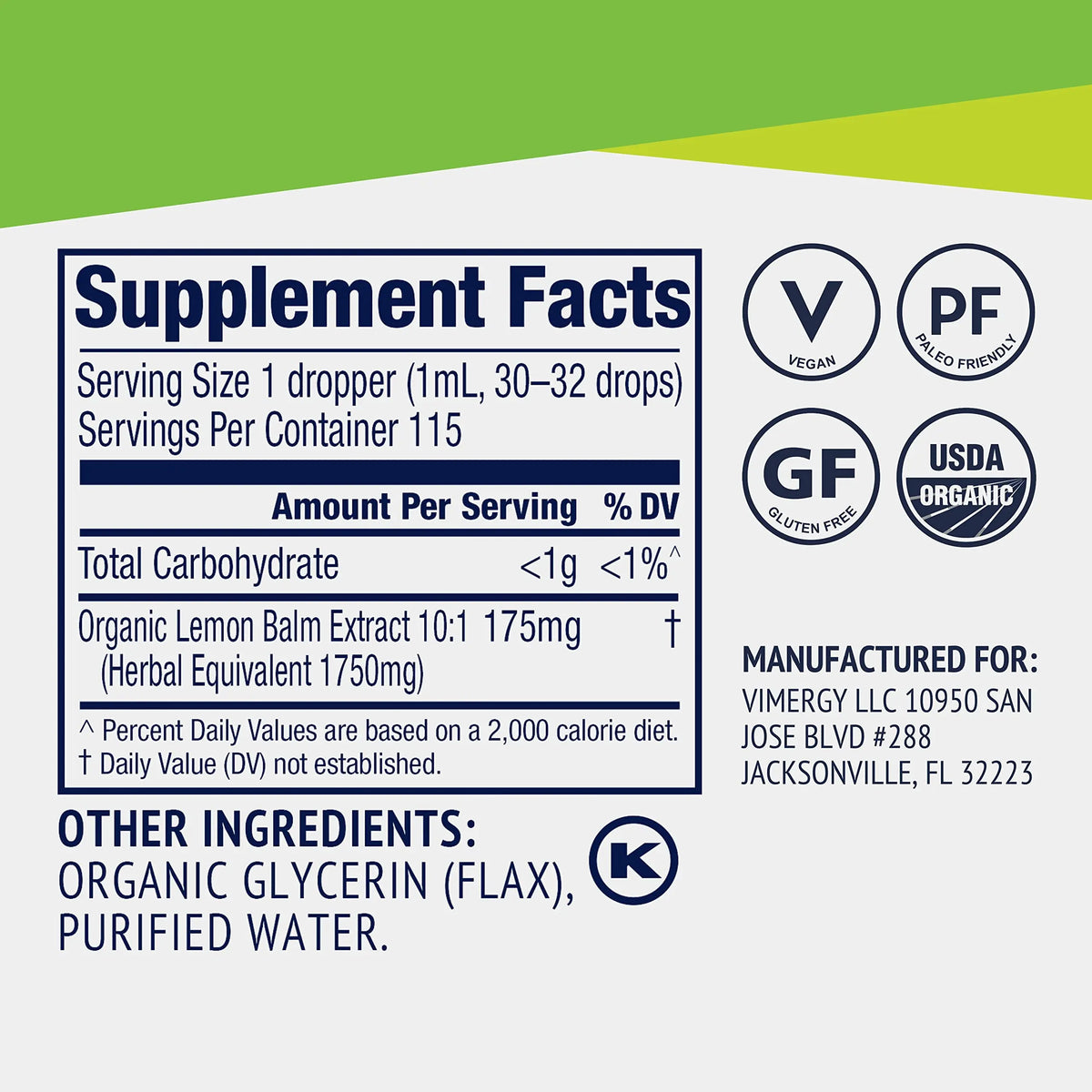 Vimergy Lemon Balm Tincture – USDA Organic, Alcohol-Free, 115 mL | Tea-Ready BritishVita | Premium UK Vitamins & Wellness Supplements