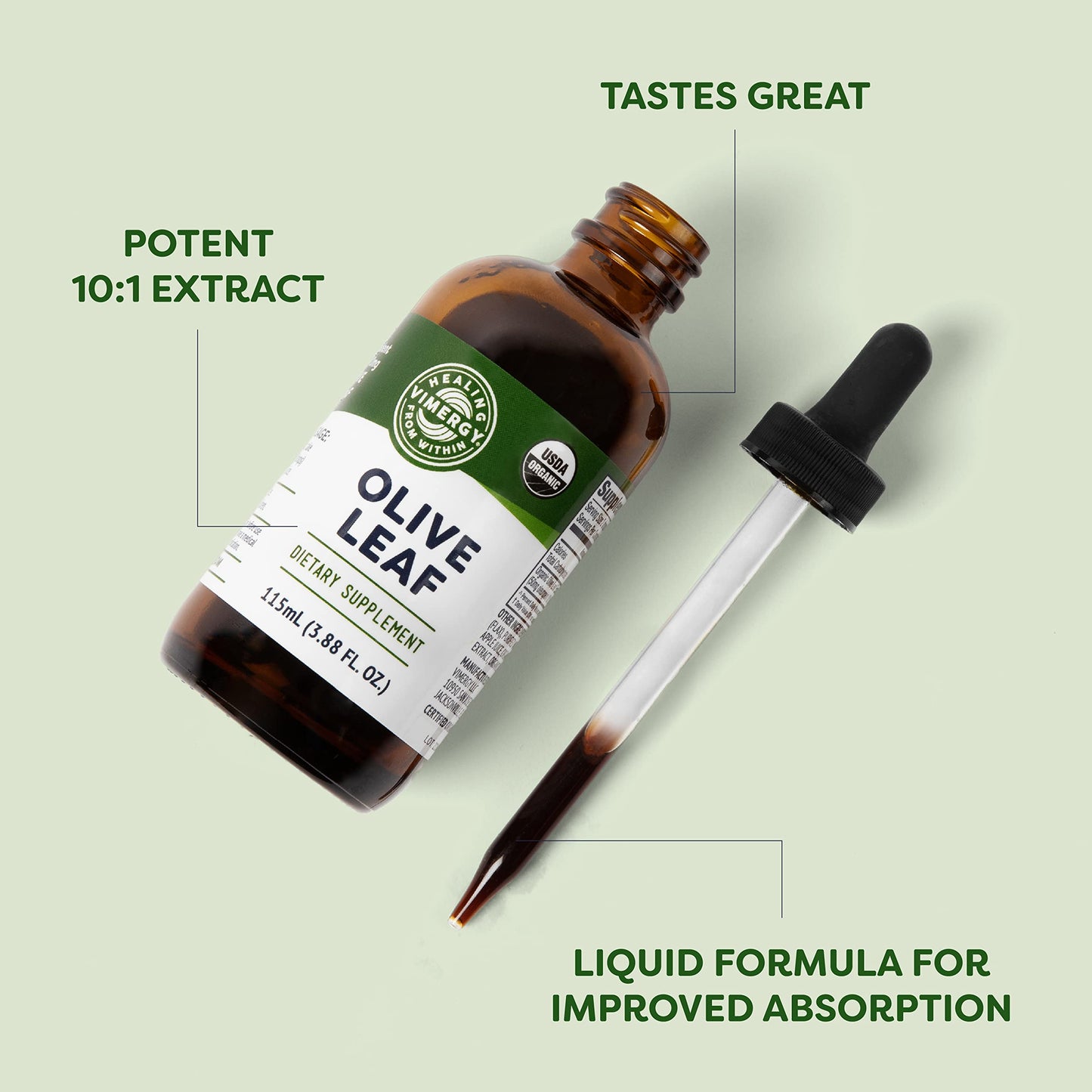 Vimergy Olive Leaf Liquid – Immune Health & Cardiovascular Support | USDA Organic, Vegan, Paleo, Gluten Free – 115 mL (57 Servings)
