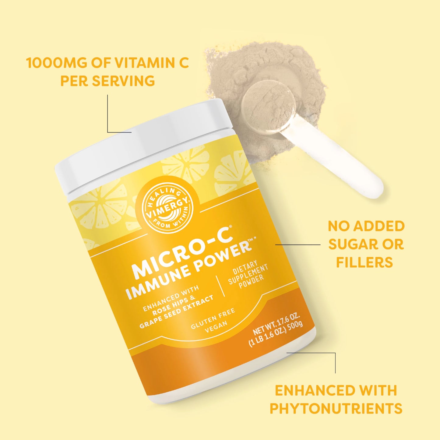 Vimergy Micro-C Immune Power™ - 500g, 139 Servings, 2000mg Vitamin C per Serving | Gluten-Free, Vegan