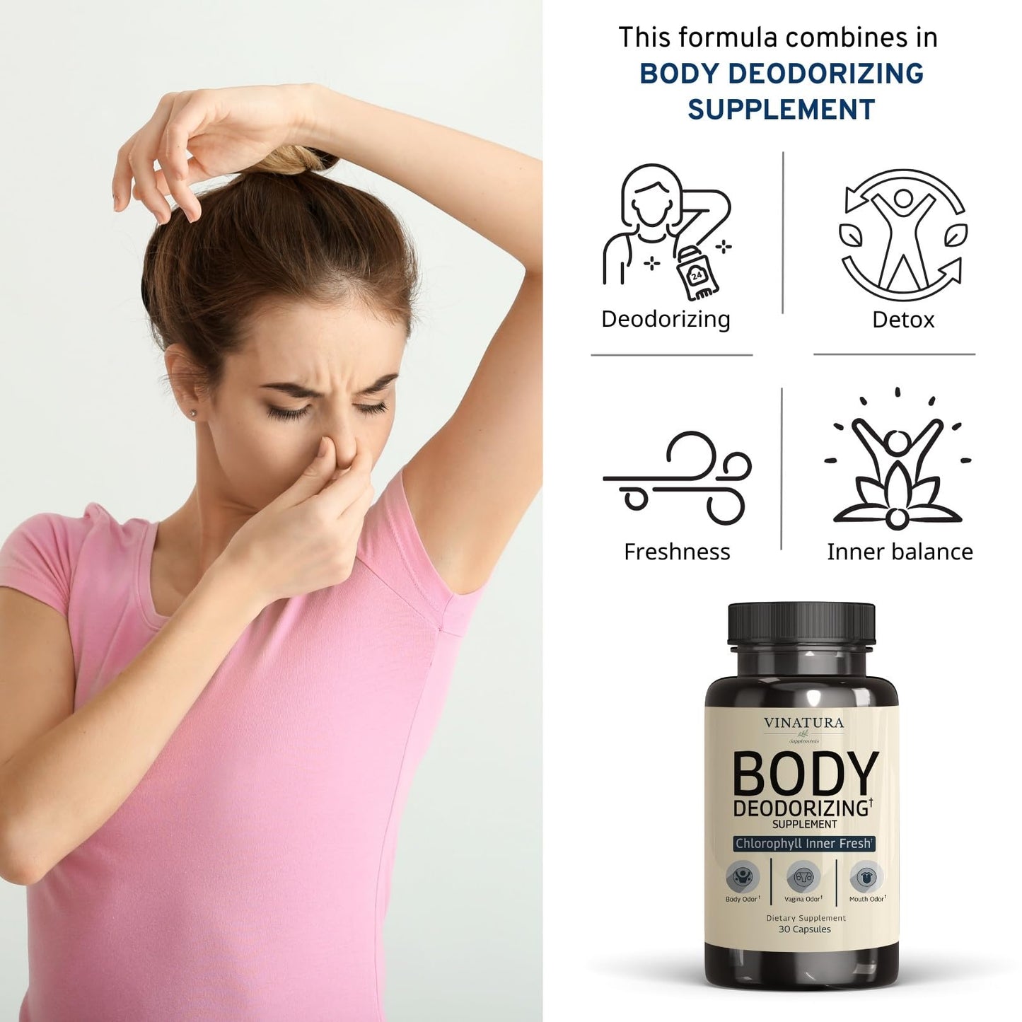 VINATURA Body Deodorizing Supplement for Women - Chlorophyll Pills for Internal Odor Elimination, 30 Capsules