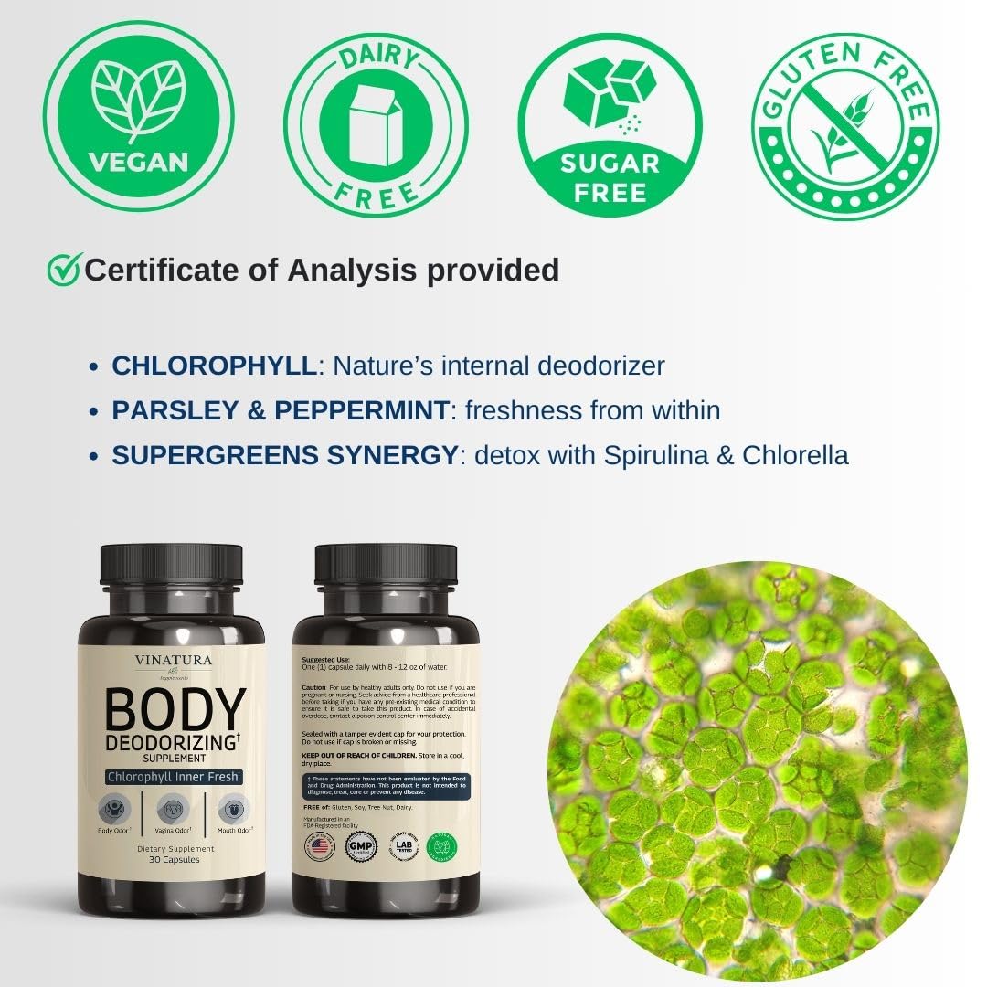 VINATURA Body Deodorizing Supplement for Women - Chlorophyll Pills for Internal Odor Elimination, 30 Capsules