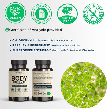 VINATURA Body Deodorizing Supplement for Women - Chlorophyll Pills for Internal Odor Elimination, 30 Capsules