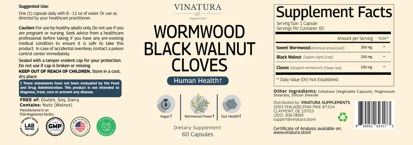 VINATURA Wormwood Black Walnut Clove Capsules – Cleanse, Detox & Gut Health Supplement | 60 Capsules