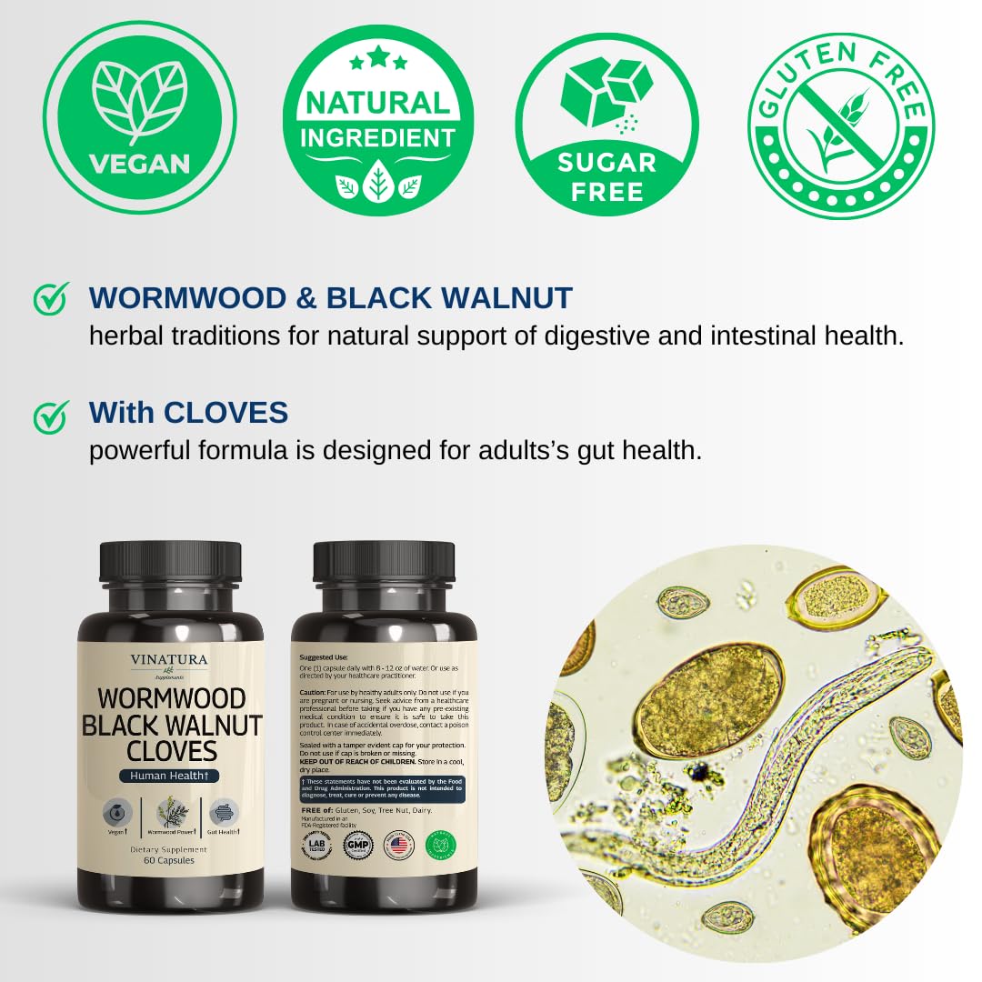 VINATURA Wormwood Black Walnut Clove Capsules – Cleanse, Detox & Gut Health Supplement | 60 Capsules