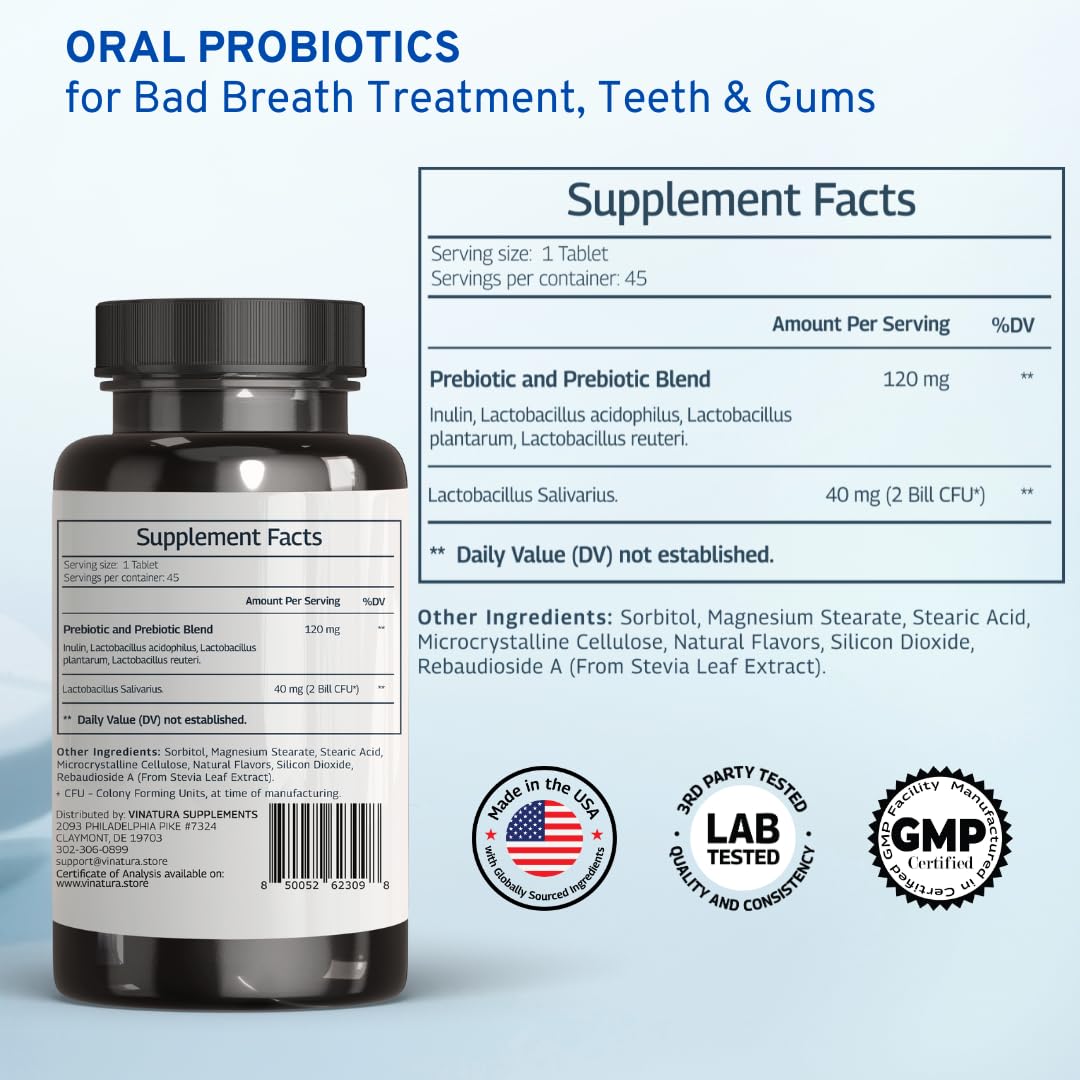 VINATURA Lactobacillus Salivarius Oral Probiotics – Mint Chewables, 45 Tablets