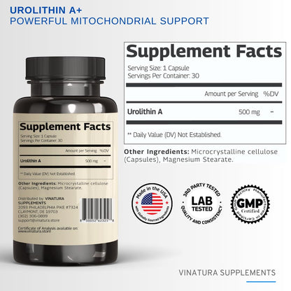 VINATURA Urolithin A 500mg – Antioxidants, Anti-Aging & Mitochondrial Support (30 Caps)