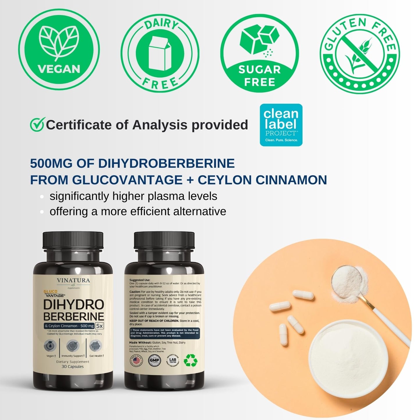 VINATURA Dihydroberberine with Ceylon Cinnamon 500mg | GlucoVantage Super Berberine, 30 Capsules