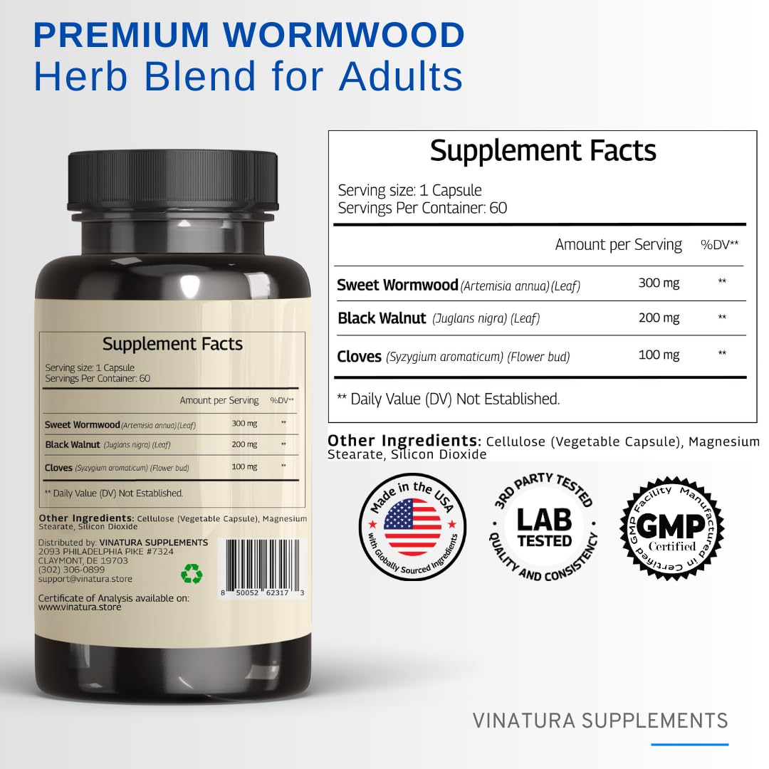VINATURA Wormwood Black Walnut Clove Capsules – Cleanse, Detox & Gut Health Supplement | 60 Capsules