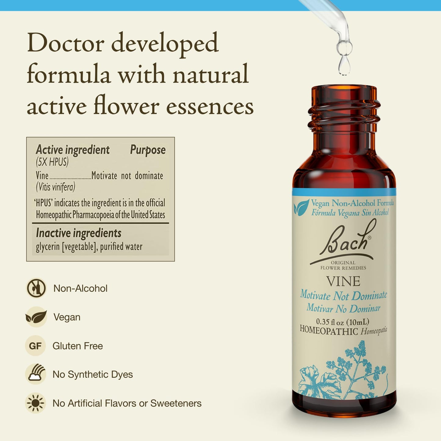 Bach Vine Flower Remedy (Non-Alcohol) - Motivate Not Dominate | Emotional Balance | 10mL Dropper | Vegan, Gluten Free, Sugar Free