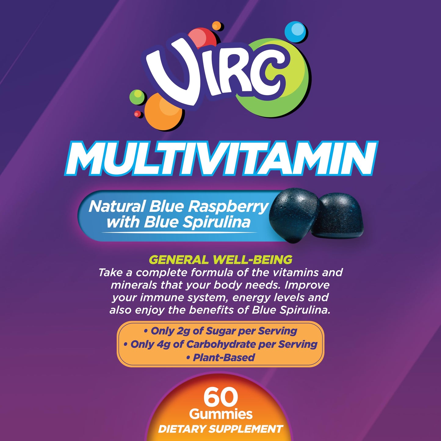 VIRC Blue Raspberry Multivitamin Gummies – Plant-Based, Low-Sugar Vegan Dietary Supplement (60 Gummies)