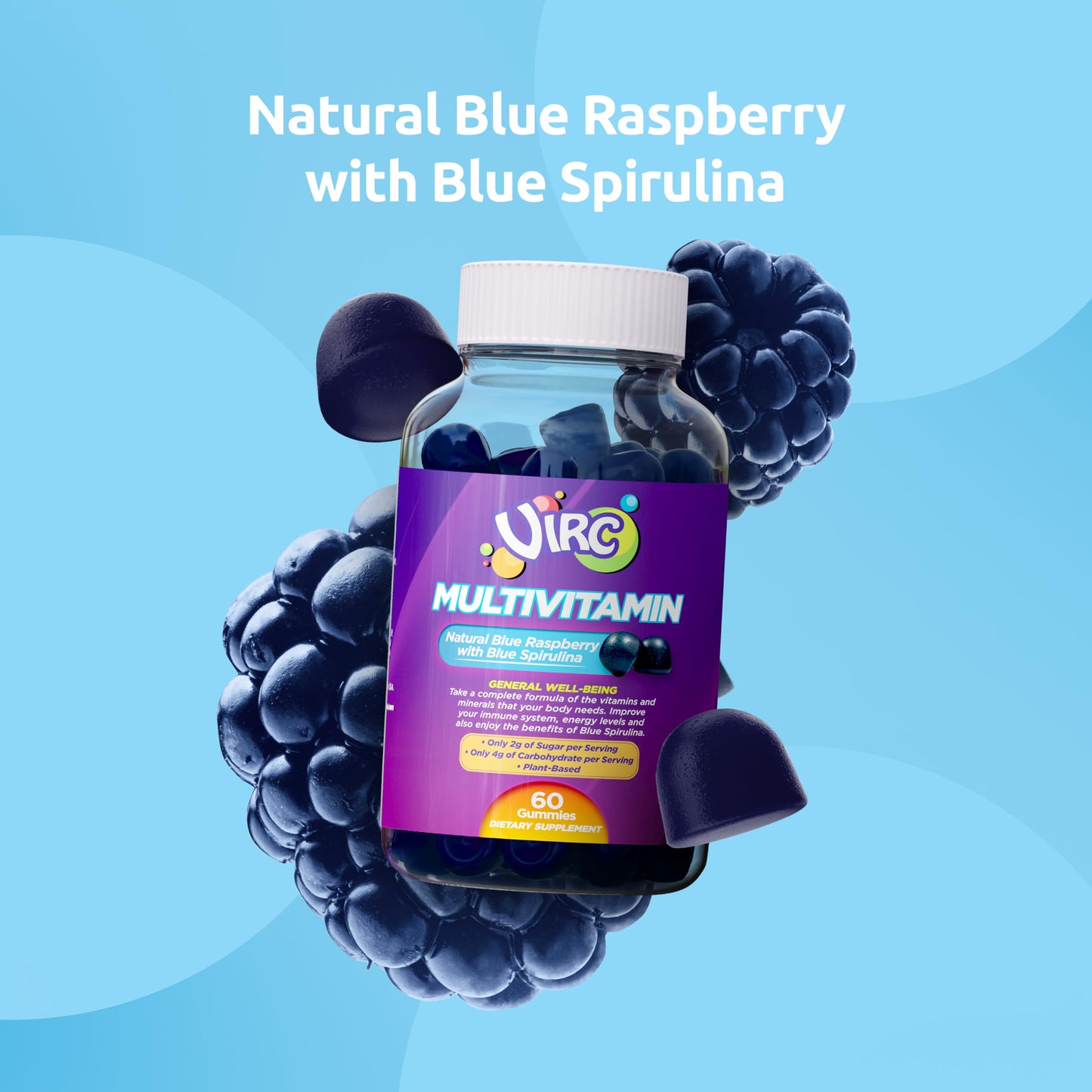 VIRC Blue Raspberry Multivitamin Gummies – Plant-Based, Low-Sugar Vegan Dietary Supplement (60 Gummies)
