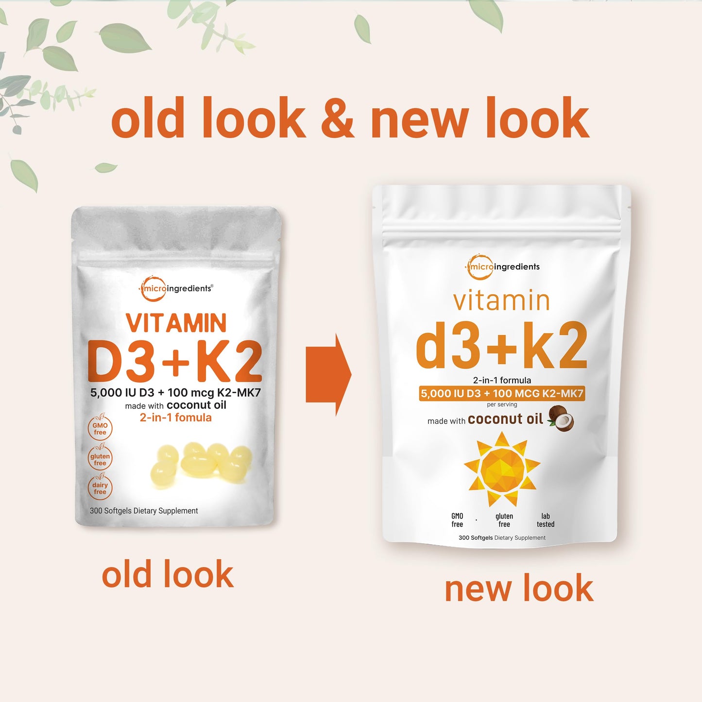 Vitamin D3 5000 IU + K2 MK-7 100 mcg – 300 Softgels, Virgin Coconut Oil