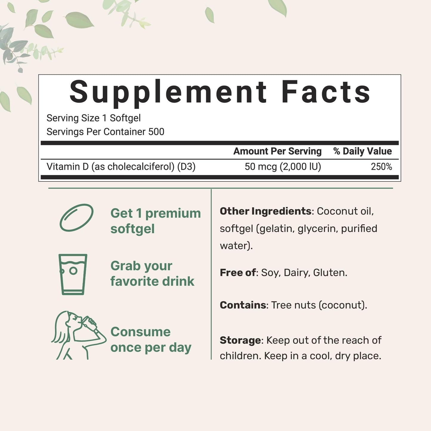 Vitamin D3 2000 IU – 500 Softgels | Virgin Coconut Oil | Cholecalciferol | Non-GMO