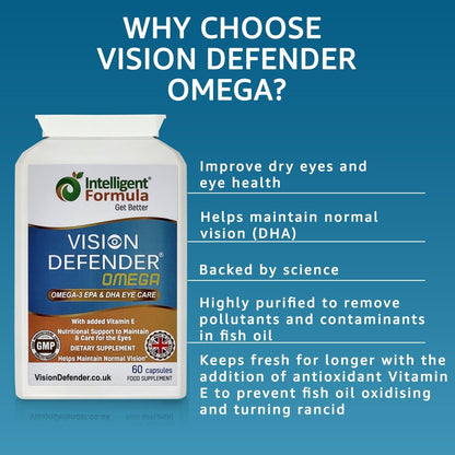 Vision Defender Omega Eye Supplement - High Strength 1000mg Omega-3, EPA 400mg, DHA 200mg + Vitamin E | Made in UK