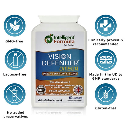 Vision Defender Omega Eye Supplement - High Strength 1000mg Omega-3, EPA 400mg, DHA 200mg + Vitamin E | Made in UK