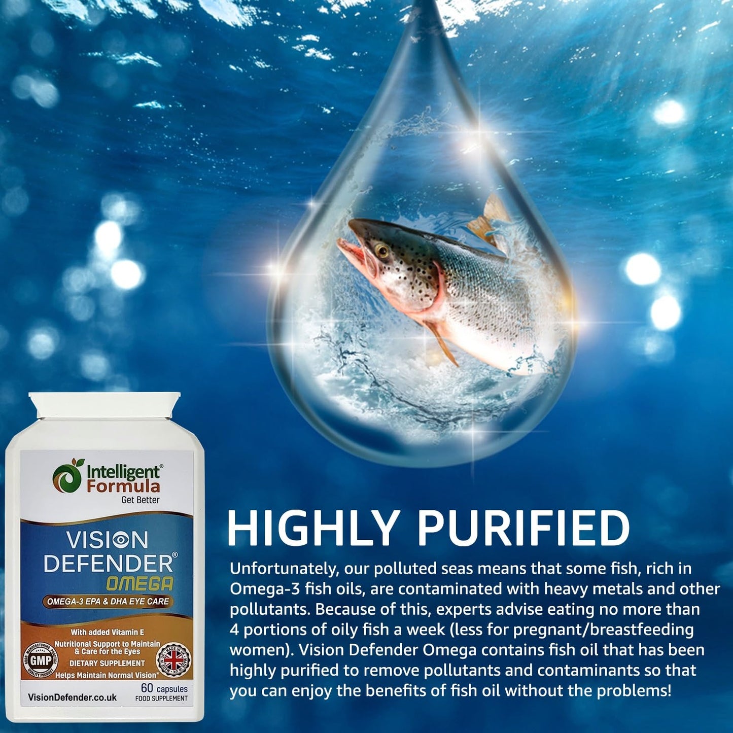 Vision Defender Omega Eye Supplement - High Strength 1000mg Omega-3, EPA 400mg, DHA 200mg + Vitamin E | Made in UK