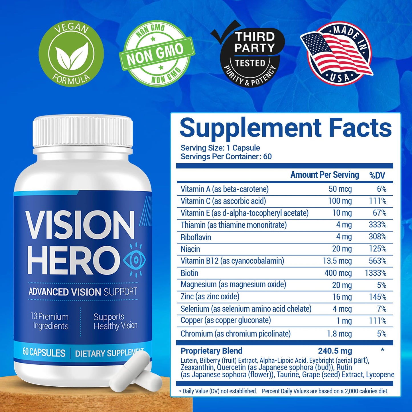 Vision Hero Advanced Vision Support – Eye Health Supplements for Adults (60 Capsules)
