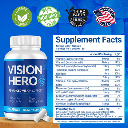 Vision Hero Advanced Vision Support - Eye Health Supplements for Adults (Pack of 2) | 60 Capsules
