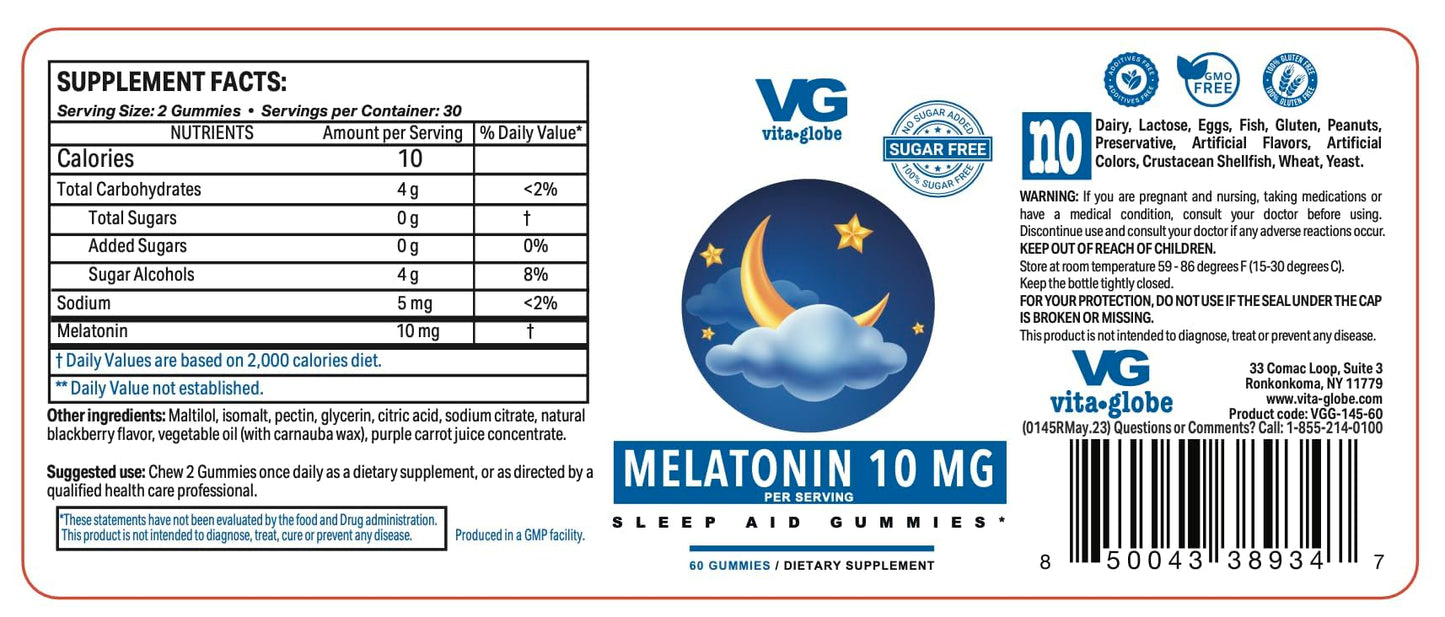 VITA GLOBE Melatonin 10mg Sleep Aid Gummies | Sugar-Free, Vegan, Non-GMO