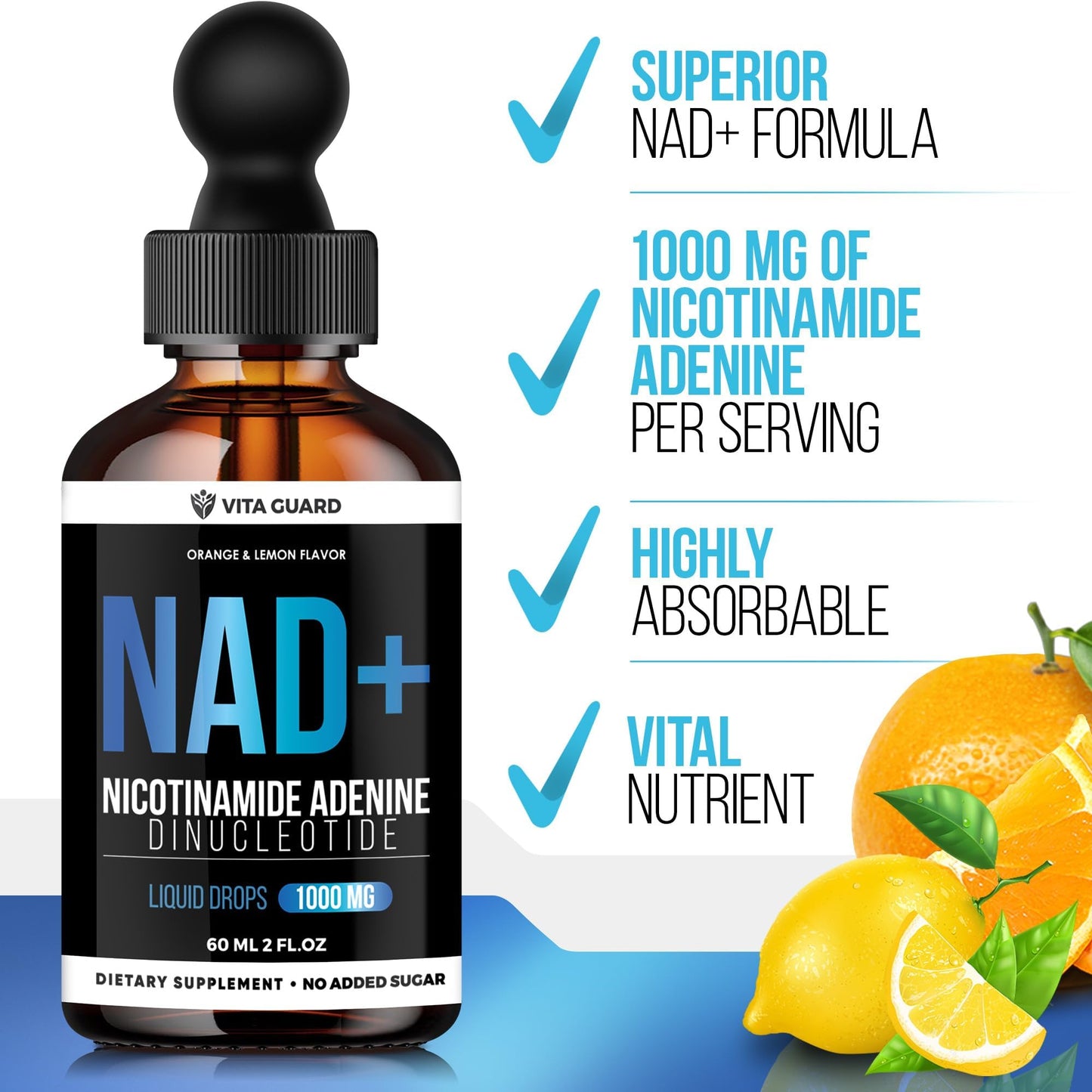 Vita Guard NAD+ Drops 1000mg – Lemon & Orange Flavor | Vegan, Non-GMO
