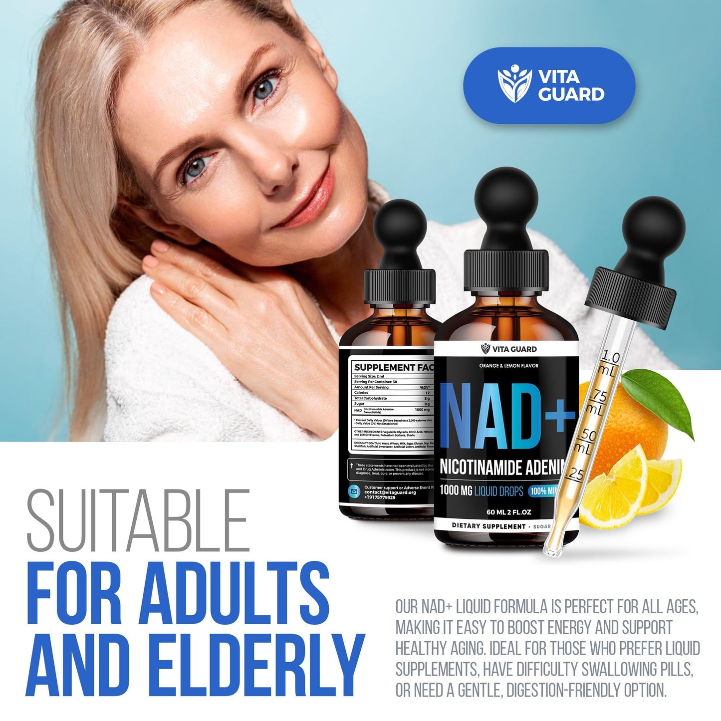 Vita Guard NAD+ Drops 1000mg – Lemon & Orange Flavor | Vegan, Non-GMO