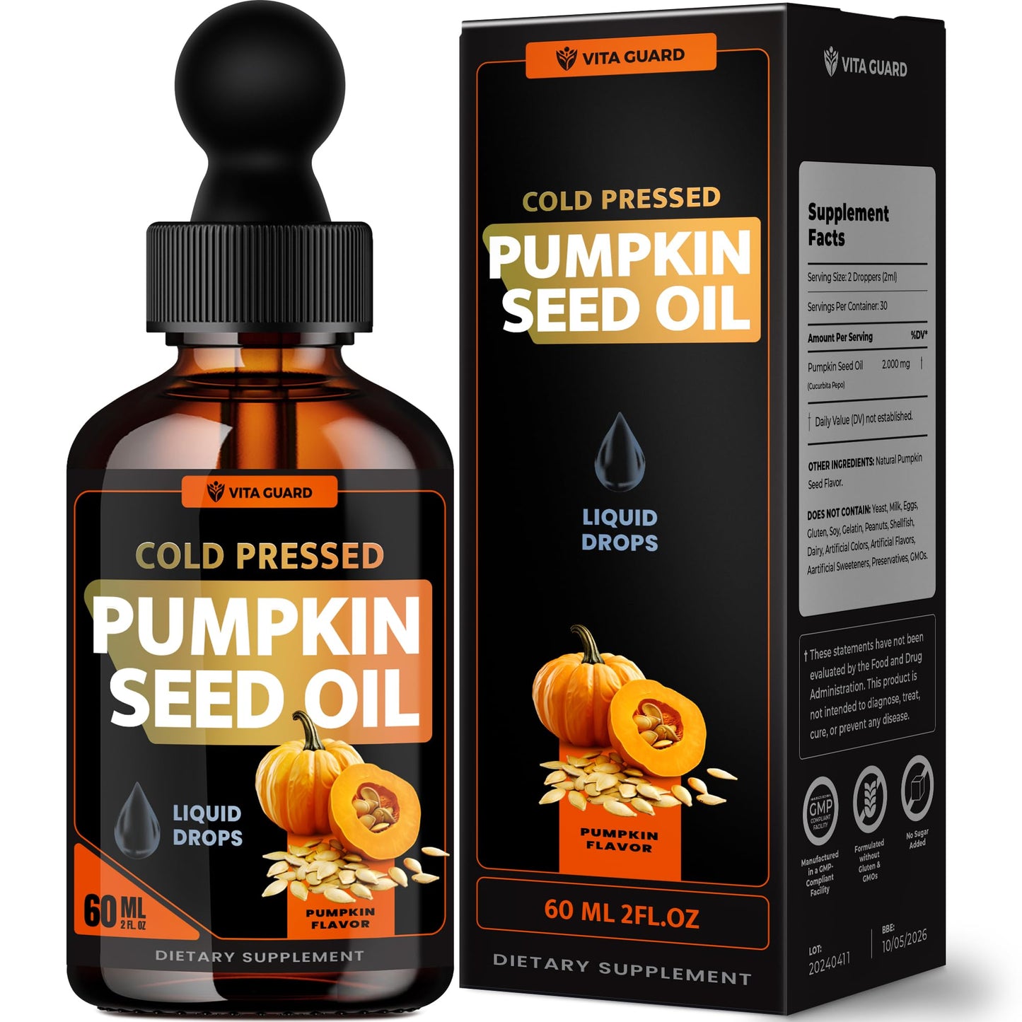 Vita Guard Cold Pressed Pumpkin Seed Oil Liquid Drops – 2000mg per Serving | Vegan, Gluten-Free, Non-GMO | Hair, Skin & Prostate Support | Natural Pumpkin Flavor | 60ml Dietary Supplement