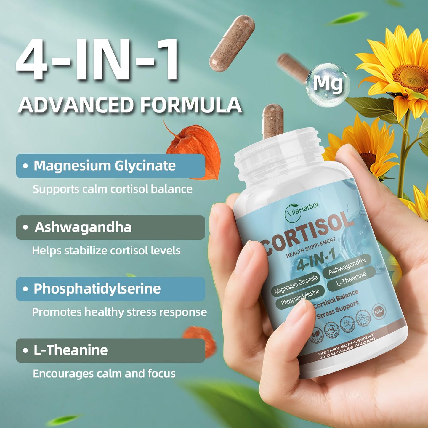 VitaHarbor Cortisol Supplement – 4-in-1 Stress Support (90 Veg Caps)