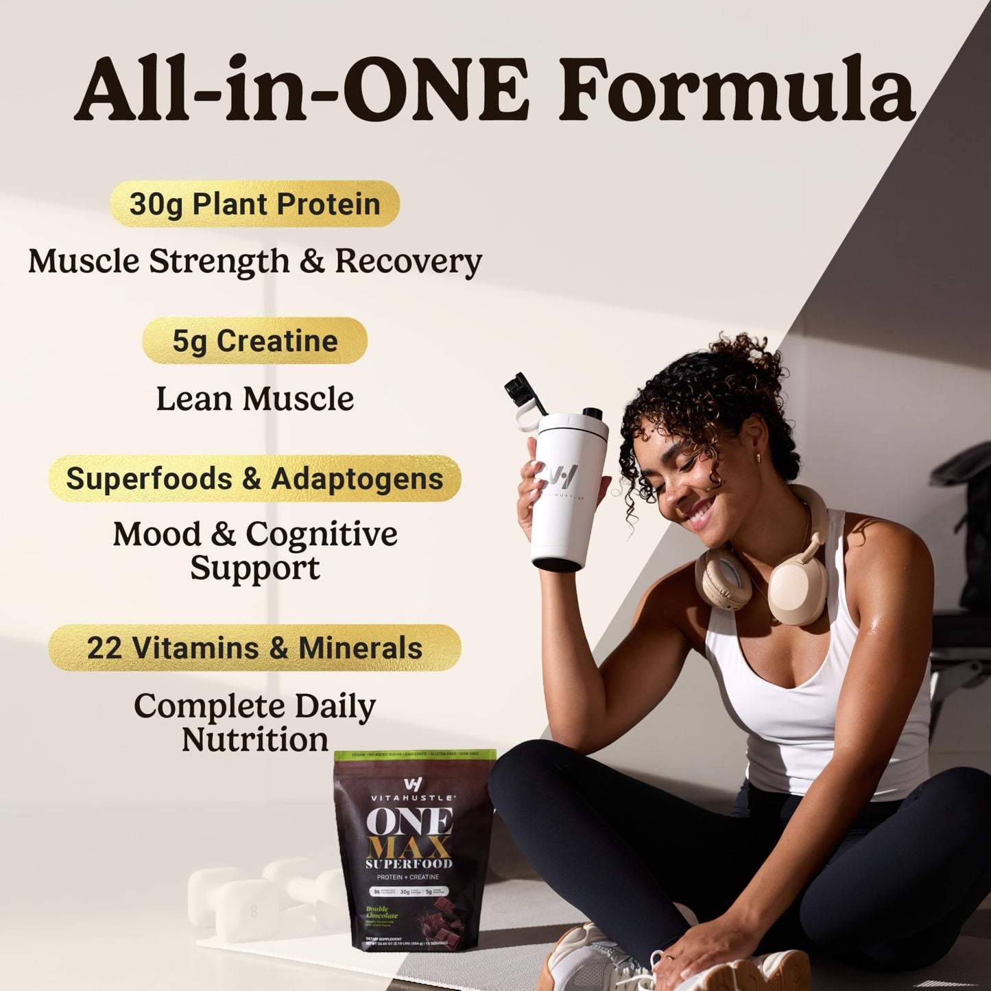 VitaHustle ONE Max Protein + Creatine – 30g Plant Protein, Double Chocolate