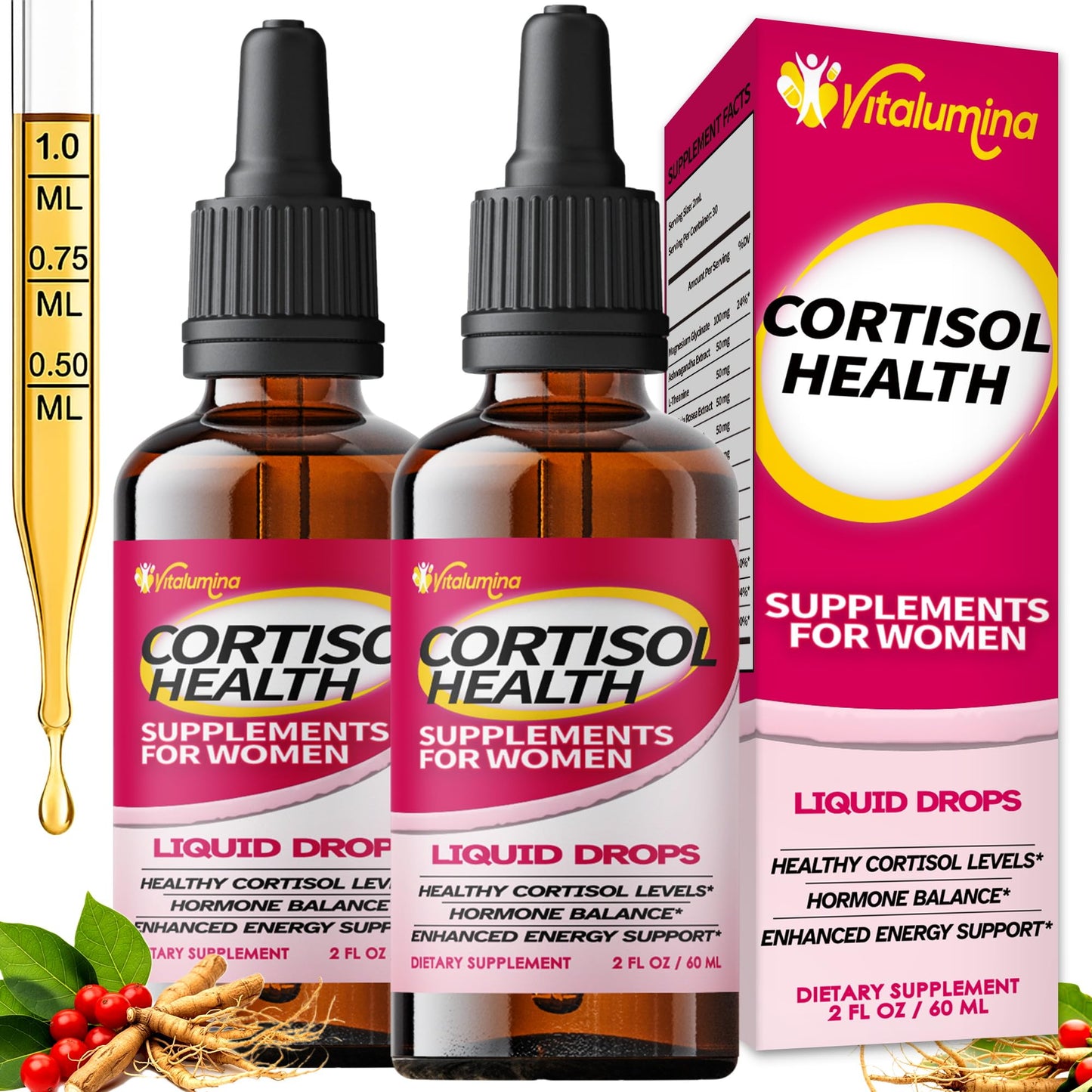 VitaLumina Cortisol Supplements for Women - 10 in 1 Liquid Drops with Ashwagandha, Magnesium & L-Theanine for Stress, Mood, Relaxation & Hormone Balance - 4 FL.OZ