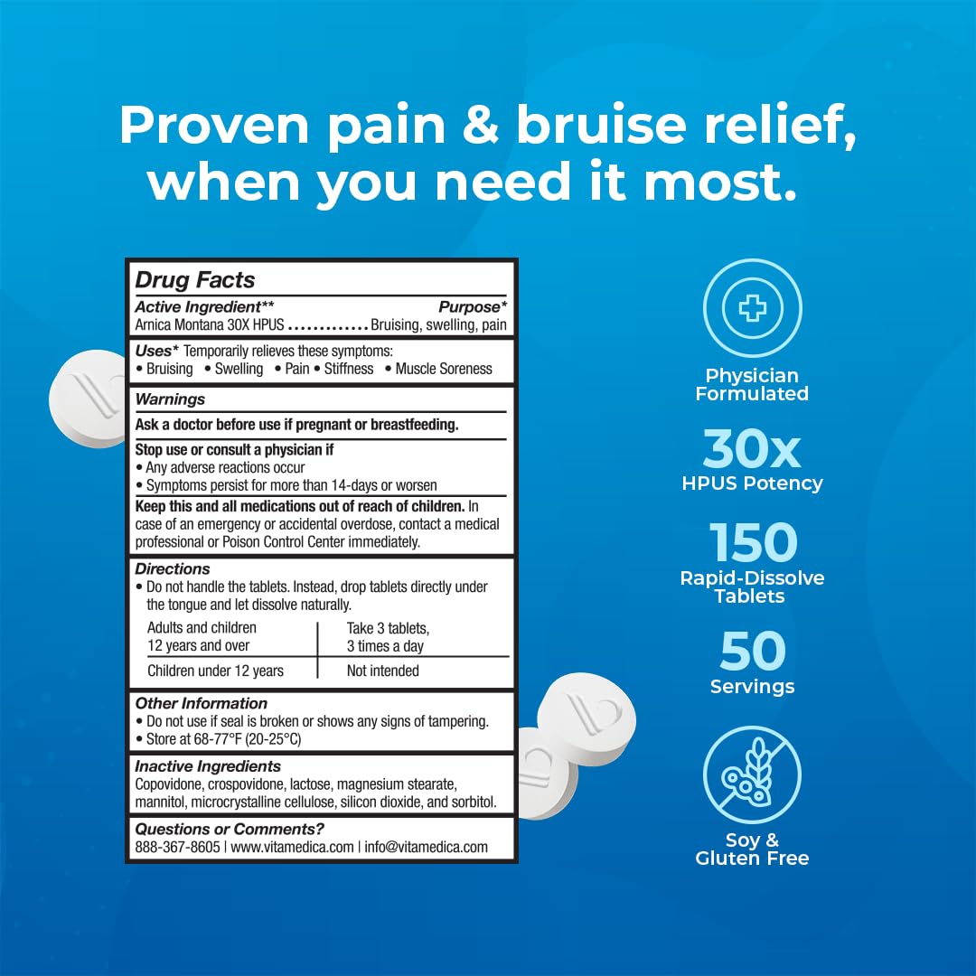 VitaMedica Arnica Montana 30X Tablets - Natural Pain, Bruising & Swelling Relief (150 Ct)