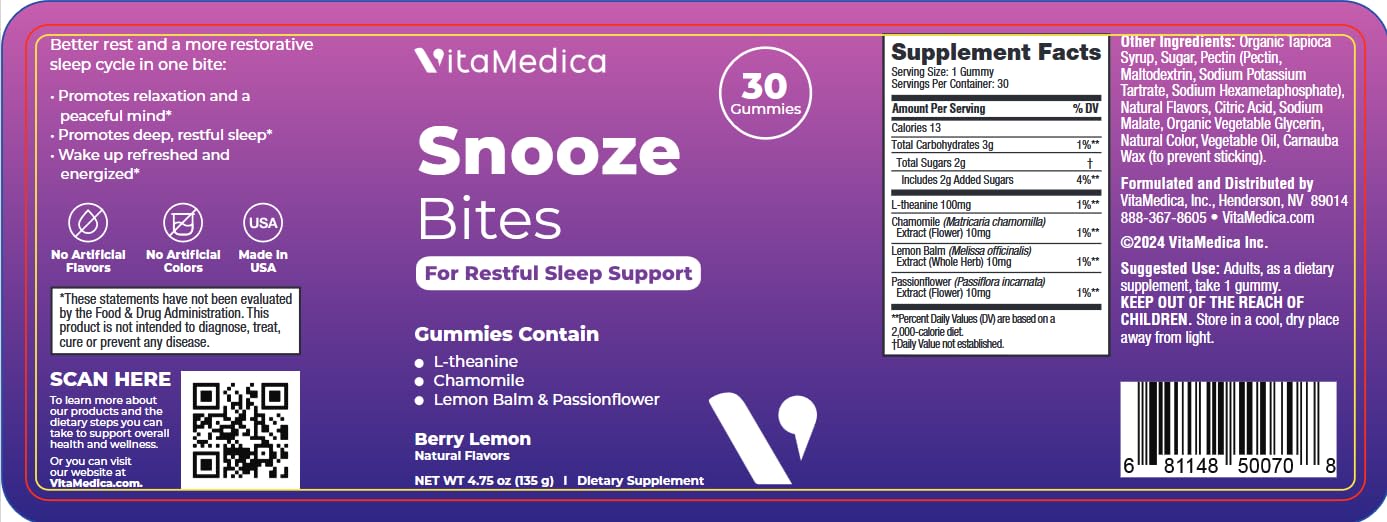 VitaMedica Snooze Sleep Gummies - Melatonin-Free Sleep Aid for Adults | 60 Count (2 Pack)