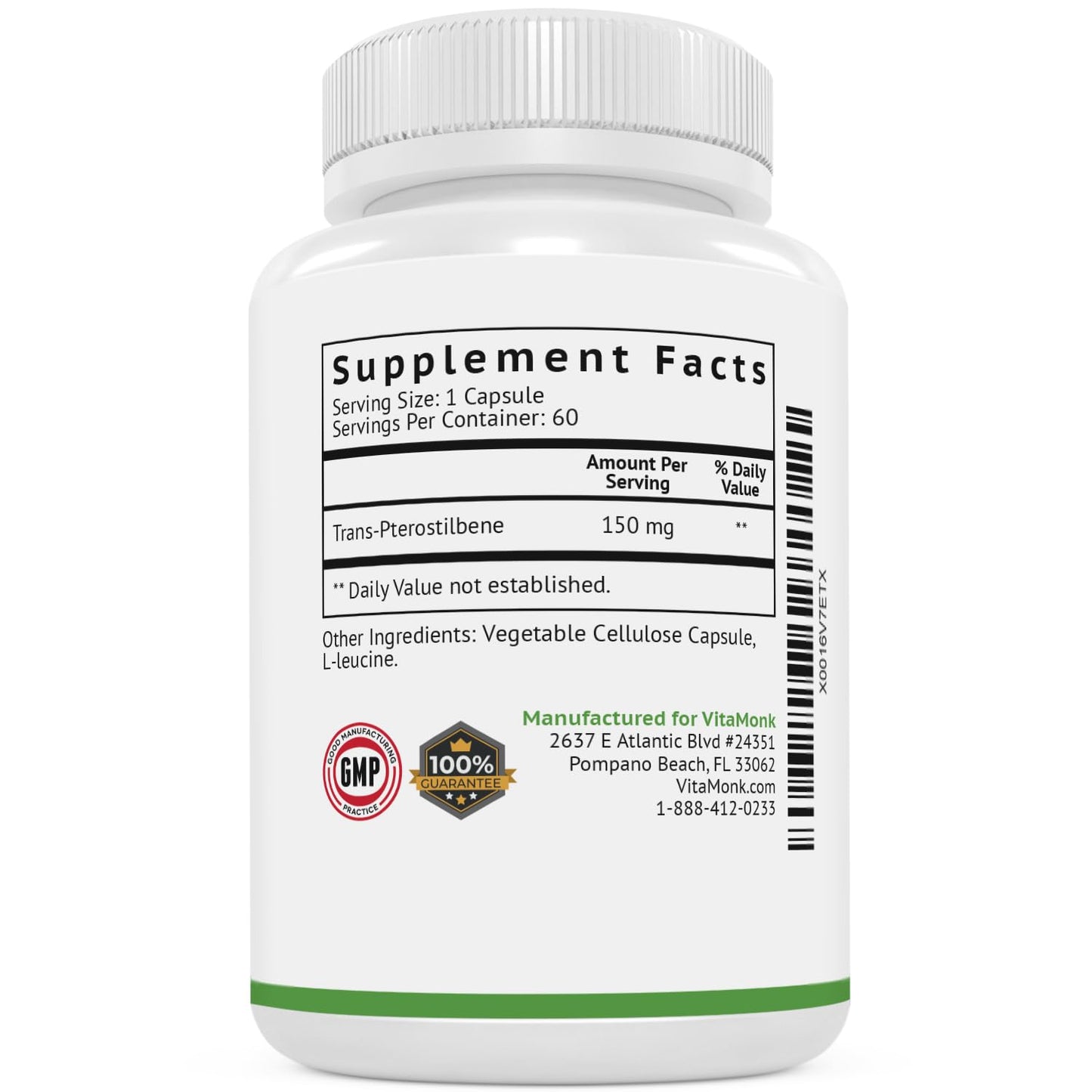 VitaMonk Pterostilbene 150mg Capsules – Soy Free, No Fillers | 60 Veggie-Caps