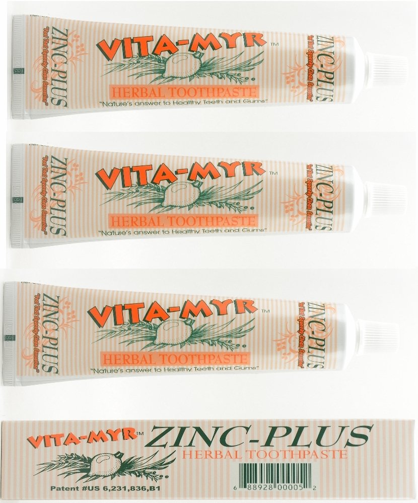 3 Pack VITA-MYR Zinc Plus Toothpaste 4 oz - No Fluoride, SLS Free