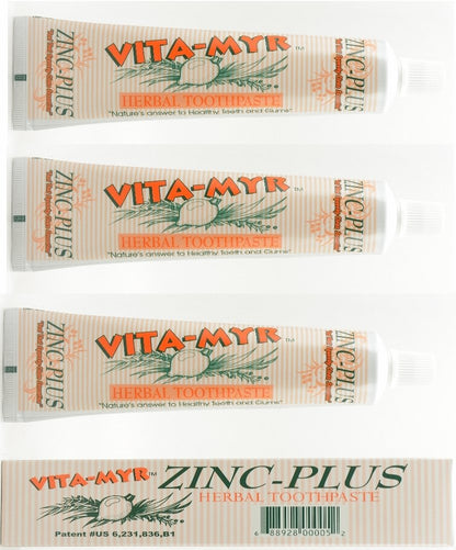 3 Pack VITA-MYR Zinc Plus Toothpaste 4 oz - No Fluoride, SLS Free
