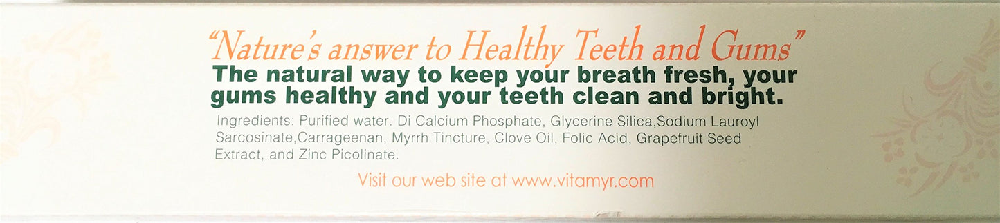 3 Pack VITA-MYR Zinc Plus Toothpaste 4 oz - No Fluoride, SLS Free