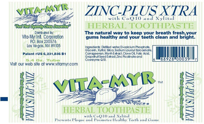 3 Pack VITA-MYR Zinc Plus Xtra Toothpaste 5.4 oz – No Sugar, No Fluoride