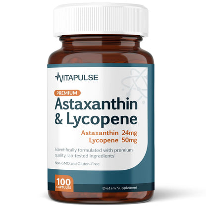 VitaPulse Astaxanthin 24mg with Lycopene 50mg – 100 Vegetarian Capsules | Non-GMO & Gluten Free