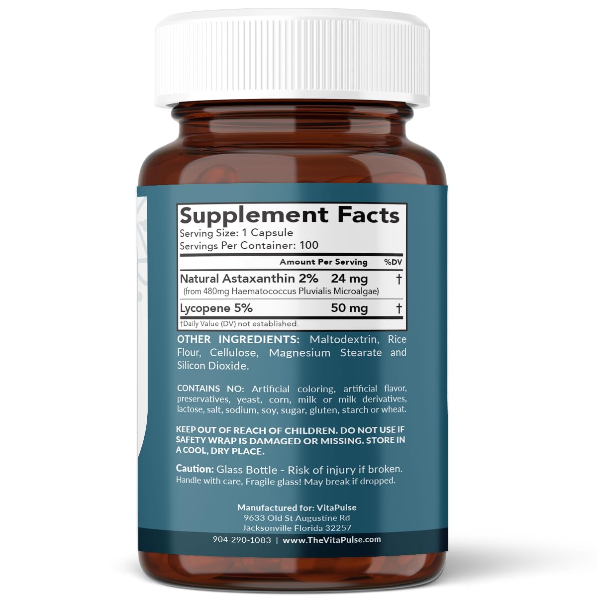 VitaPulse Astaxanthin 24mg with Lycopene 50mg – 100 Vegetarian Capsules | Non-GMO & Gluten Free