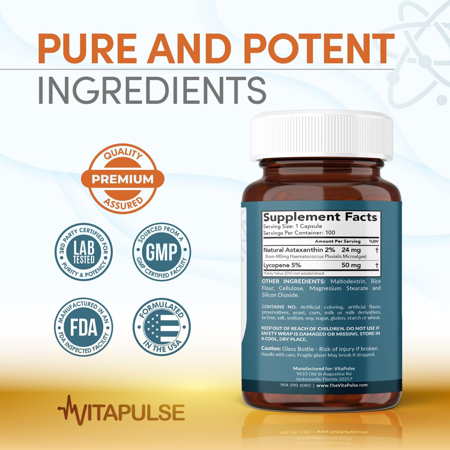 VitaPulse Astaxanthin 24mg with Lycopene 50mg – 100 Vegetarian Capsules | Non-GMO & Gluten Free