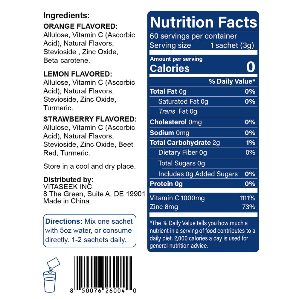 VitaSeek 1000mg Vitamin C Powder + Zinc – Immune Support, 60 Count (2-Month Supply), Variety Flavor
