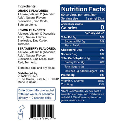 VitaSeek 1000mg Vitamin C Powder + Zinc – Immune Support, 60 Count (2-Month Supply), Variety Flavor
