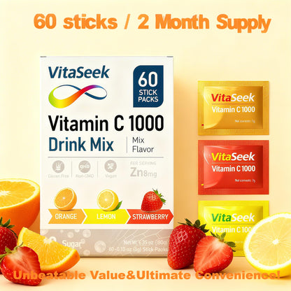 VitaSeek 1000mg Vitamin C Powder + Zinc – Immune Support, 60 Count (2-Month Supply), Variety Flavor
