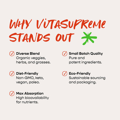 VITASUPREME Organic Greens Powder with MSM | Gut Health, Immune Support, Energy | Sugar Free, Non-GMO, Keto, Vegan | 60 Servings