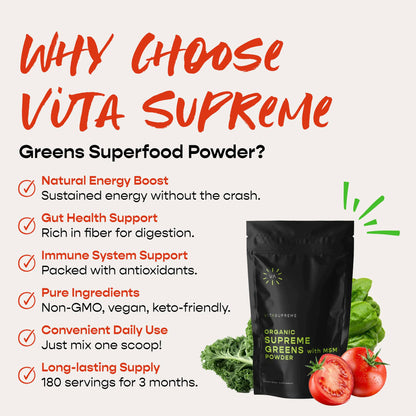 VITASUPREME Organic Greens Powder with MSM | Gut Health, Immune Support, Energy | Sugar Free, Non-GMO, Keto, Vegan | 60 Servings