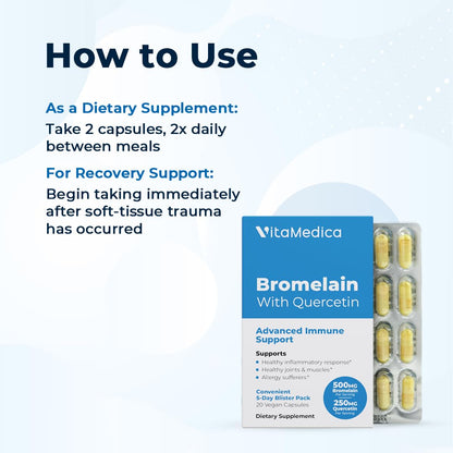 VitaMedica Bromelain & Quercetin - 500 mg/250 mg, 2400 GDU Immunity & Joint Support (20 Vegan Capsules)