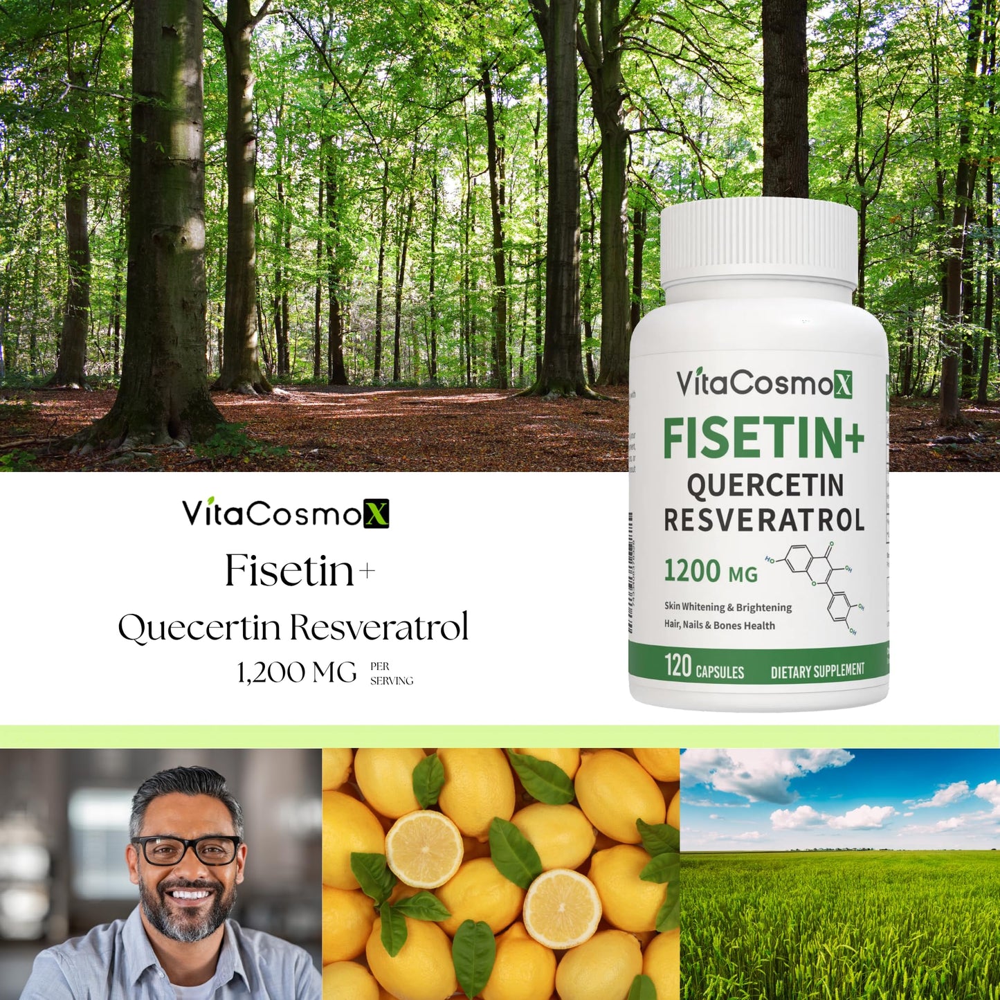 VitaCosmoX Fisetin Quercetin Resveratrol Supplement – 1,200 mg, 120 Veggie Capsules | Non-GMO & Gluten Free