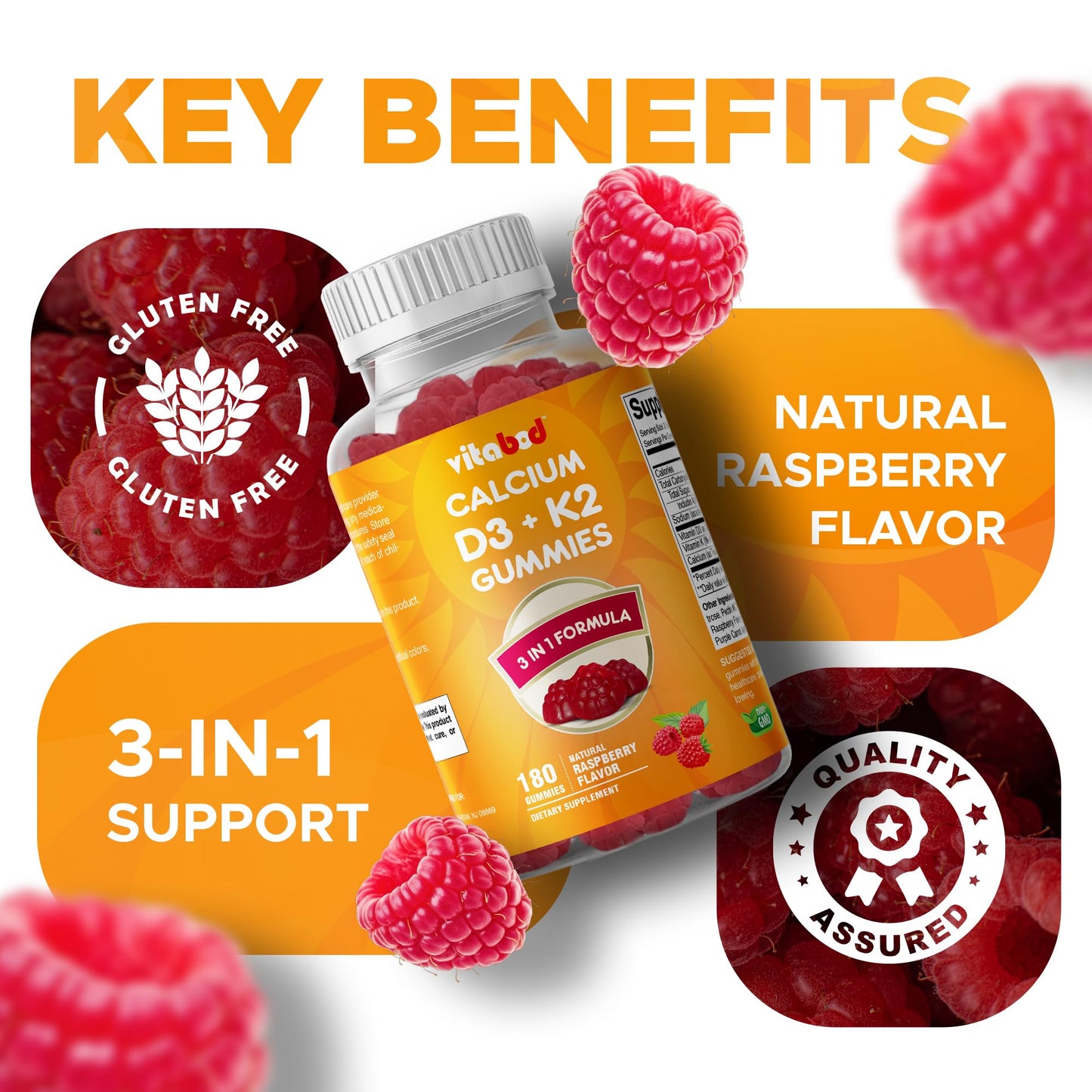 Vitabod Vitamin D3 + K2 Gummies – 180 Vegan for Bone & Heart Health