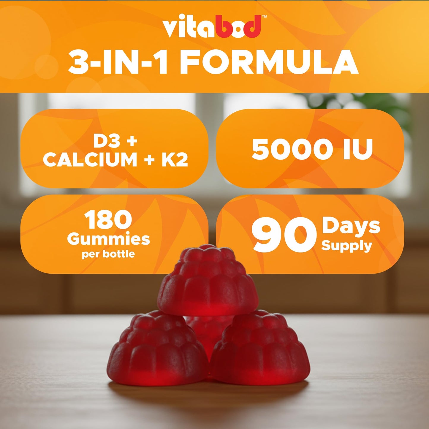 Vitabod Vitamin D3 + K2 Gummies – 180 Vegan for Bone & Heart Health