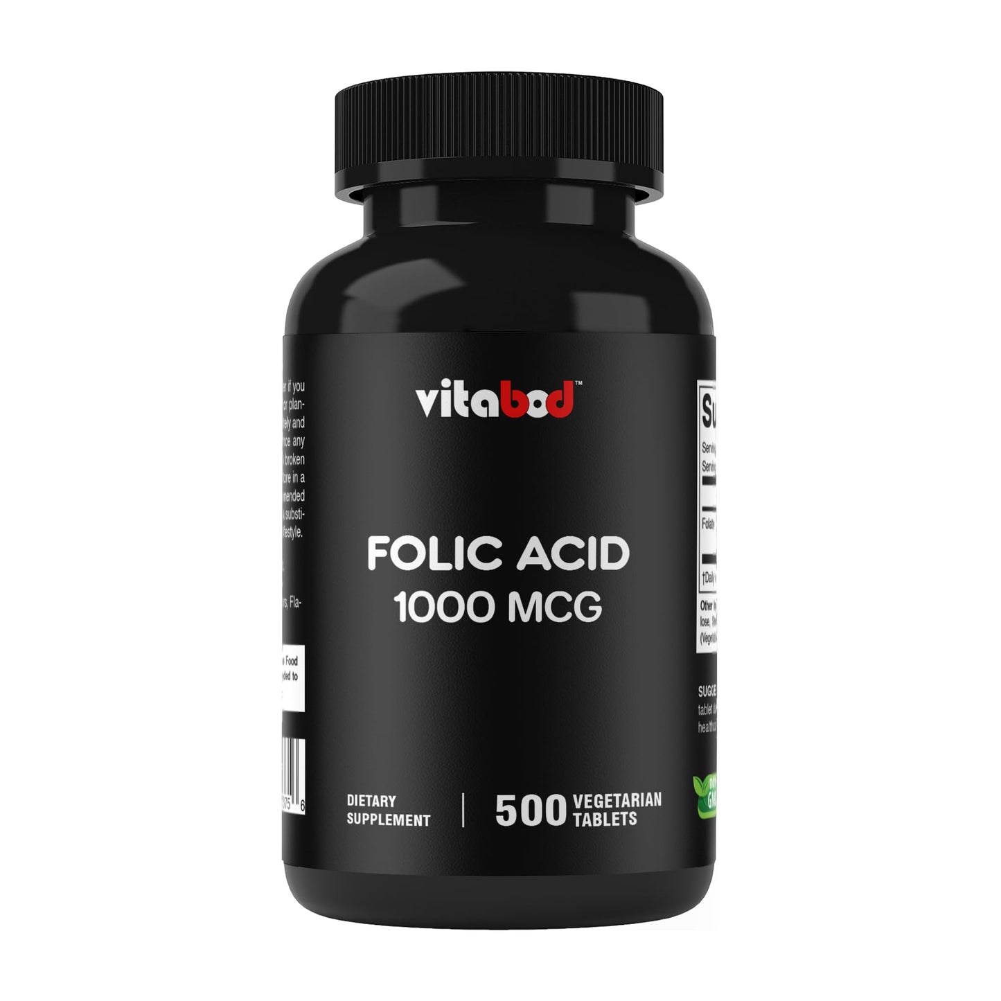 Vitabod Folic Acid 1 mg (1000 mcg) – 500 Vegetarian Tablets | Prenatal & Postnatal Vitamin