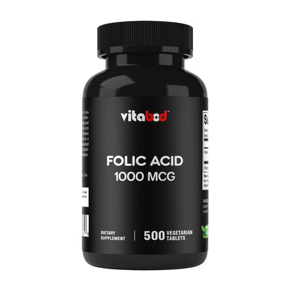 Vitabod Folic Acid 1 mg (1000 mcg) – 500 Vegetarian Tablets | Prenatal & Postnatal Vitamin